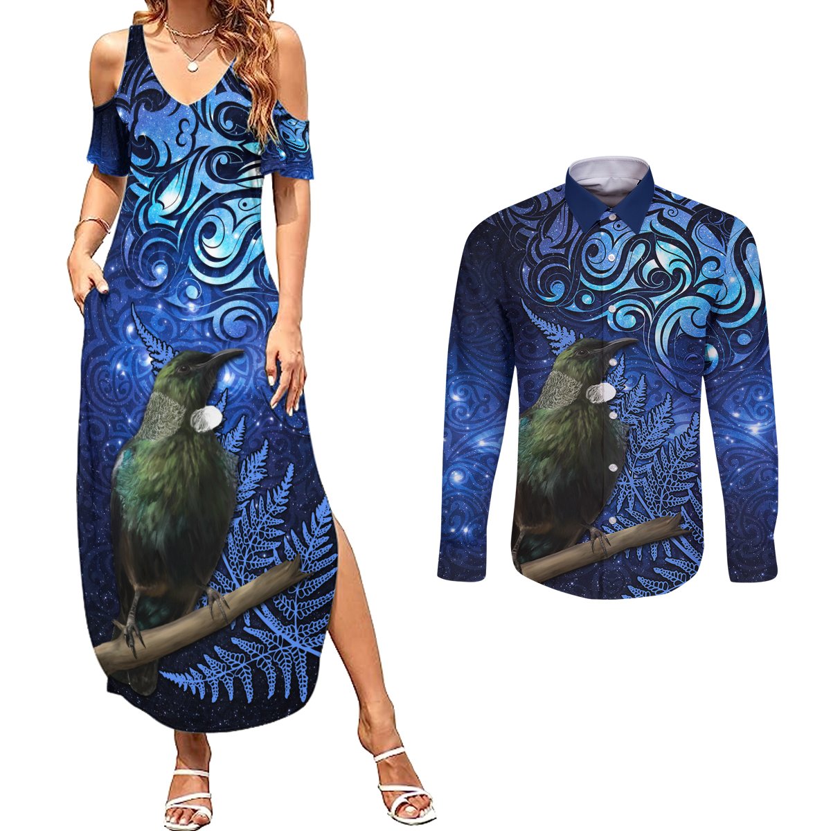 New Zealand Tui Bird Matariki Couples Matching Summer Maxi Dress and Long Sleeve Button Shirt Maori New Year with Galaxy Fern LT03 Blue - Polynesian Pride