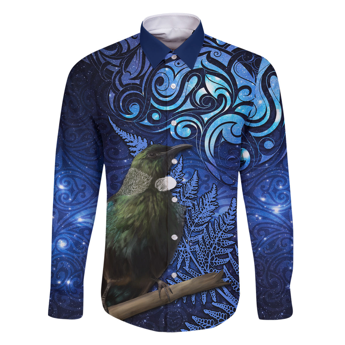 New Zealand Tui Bird Matariki Family Matching Long Sleeve Bodycon Dress and Hawaiian Shirt Maori New Year with Galaxy Fern LT03 Dad's Shirt - Long Sleeve Blue - Polynesian Pride