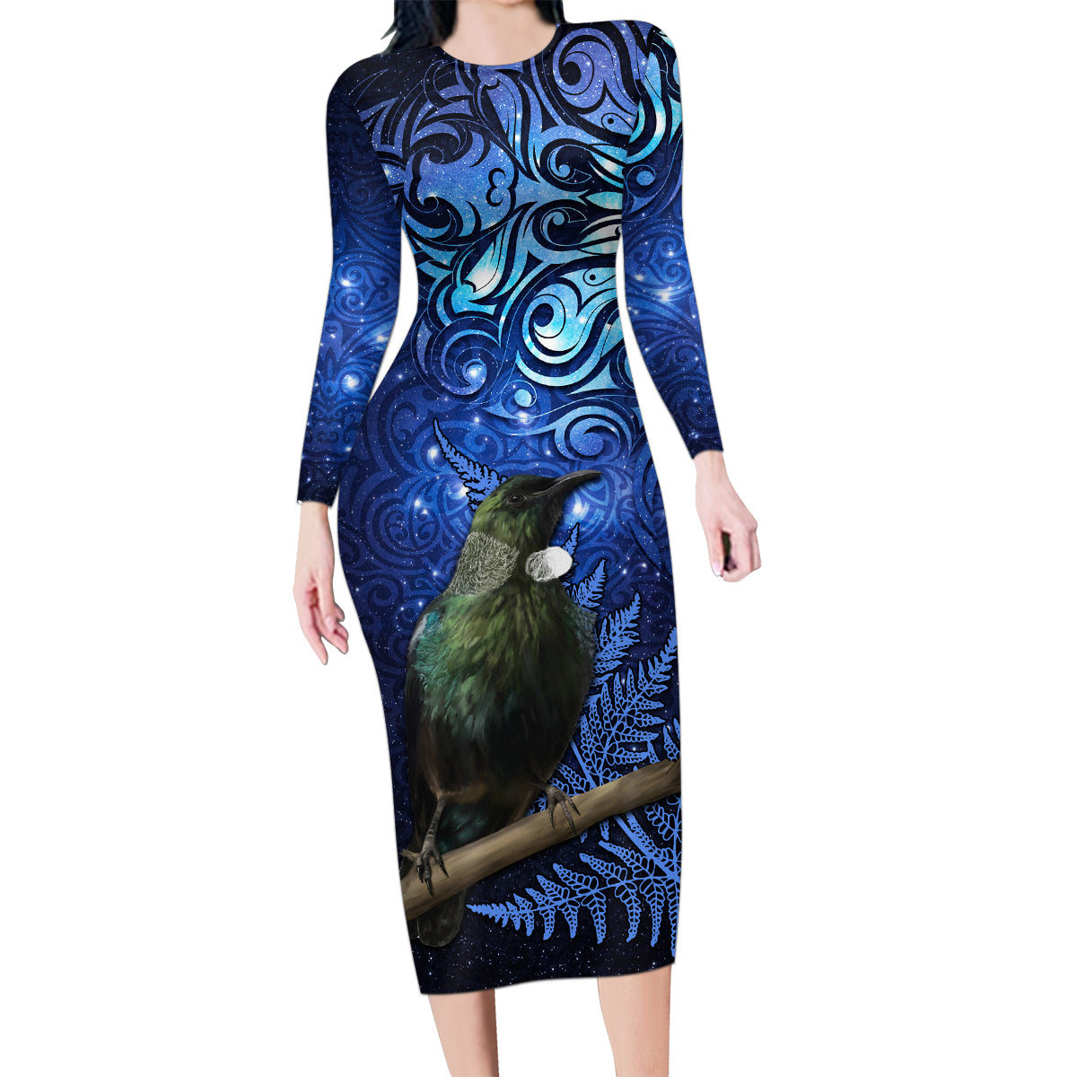 New Zealand Tui Bird Matariki Family Matching Long Sleeve Bodycon Dress and Hawaiian Shirt Maori New Year with Galaxy Fern LT03 Mom's Dress Blue - Polynesian Pride