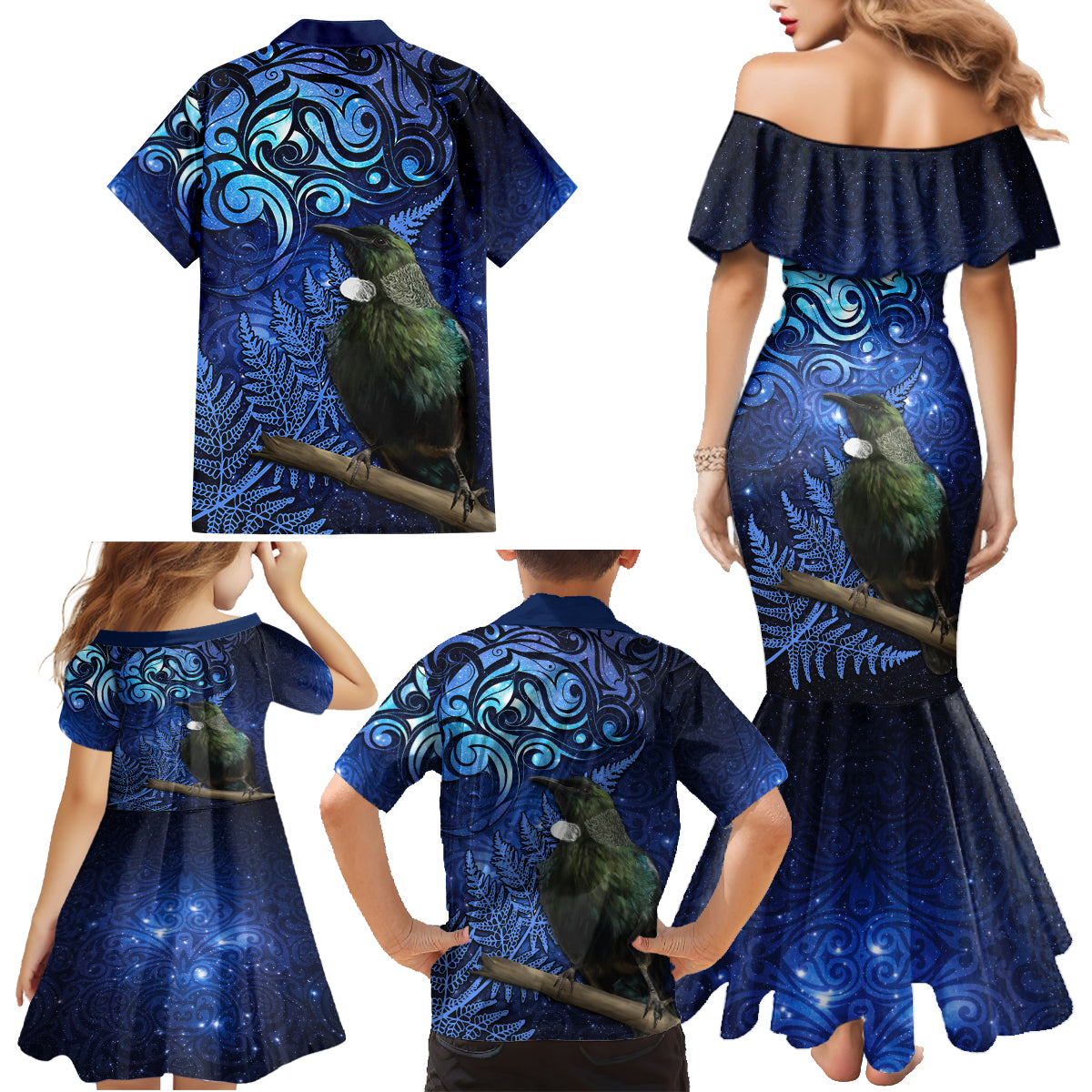 New Zealand Tui Bird Matariki Family Matching Mermaid Dress and Hawaiian Shirt Maori New Year with Galaxy Fern LT03 - Polynesian Pride