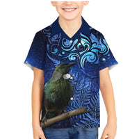 New Zealand Tui Bird Matariki Family Matching Mermaid Dress and Hawaiian Shirt Maori New Year with Galaxy Fern LT03 Son's Shirt Blue - Polynesian Pride