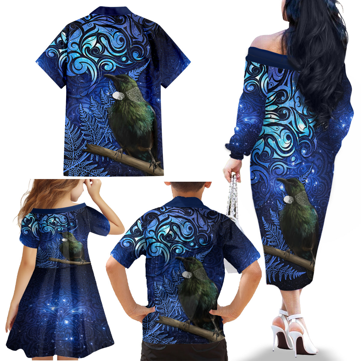 New Zealand Tui Bird Matariki Family Matching Off The Shoulder Long Sleeve Dress and Hawaiian Shirt Maori New Year with Galaxy Fern LT03 - Polynesian Pride