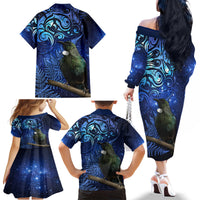 New Zealand Tui Bird Matariki Family Matching Off The Shoulder Long Sleeve Dress and Hawaiian Shirt Maori New Year with Galaxy Fern LT03 - Polynesian Pride
