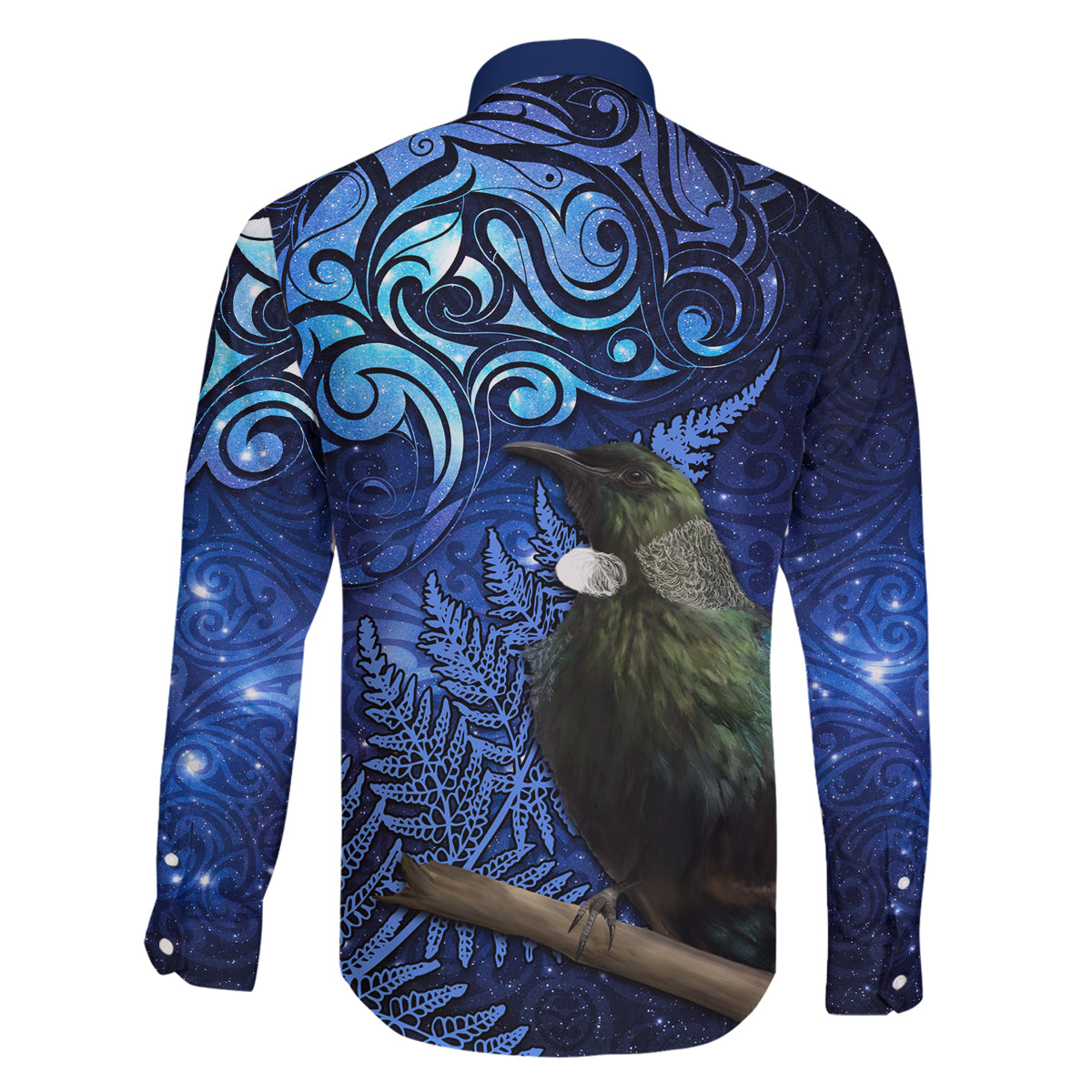 New Zealand Tui Bird Matariki Family Matching Off The Shoulder Long Sleeve Dress and Hawaiian Shirt Maori New Year with Galaxy Fern LT03 - Polynesian Pride