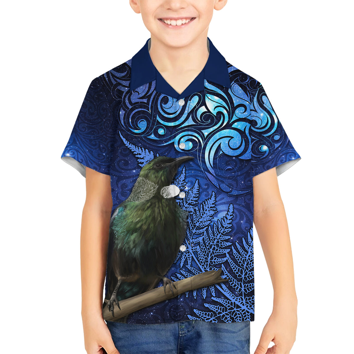 New Zealand Tui Bird Matariki Family Matching Off The Shoulder Long Sleeve Dress and Hawaiian Shirt Maori New Year with Galaxy Fern LT03 Son's Shirt Blue - Polynesian Pride
