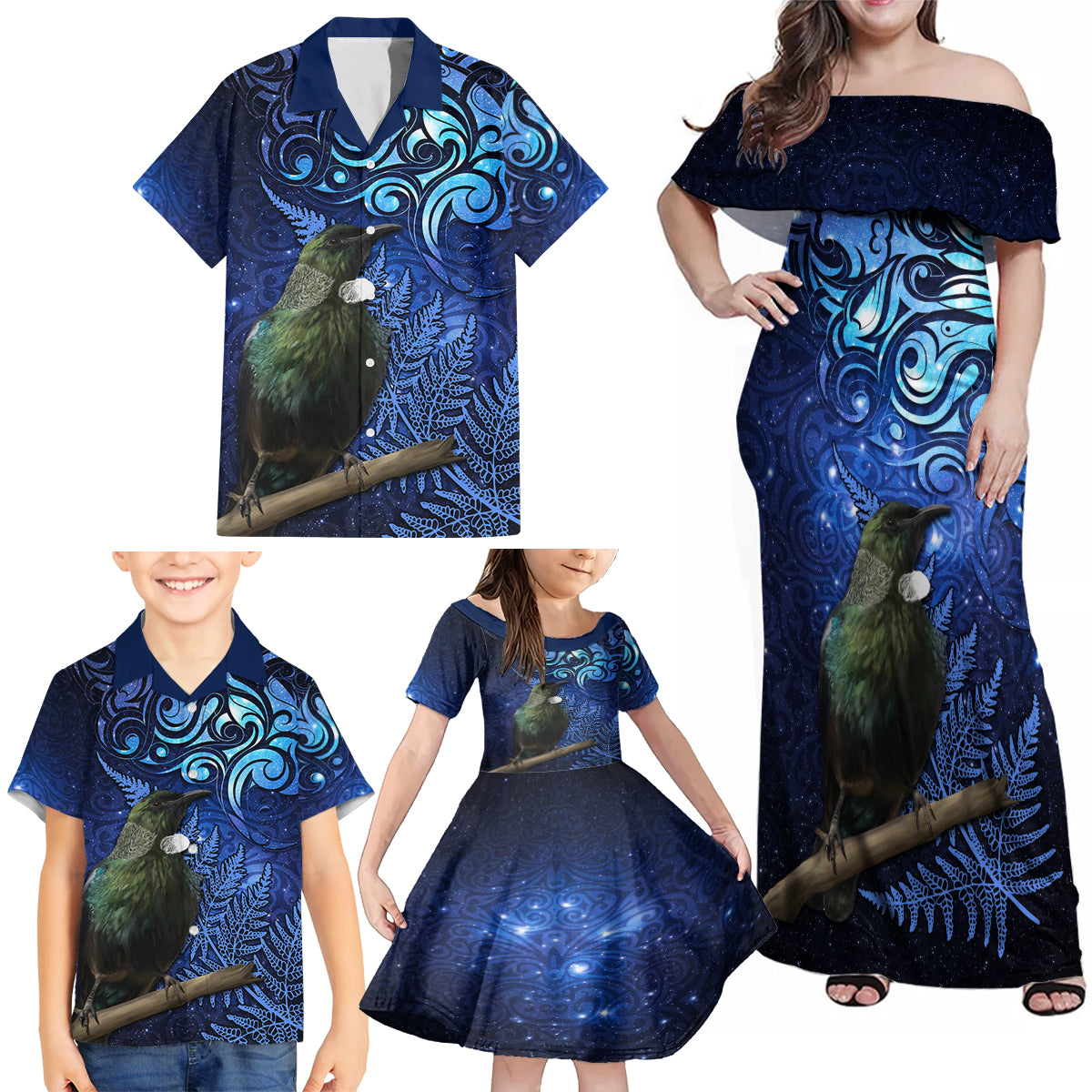 New Zealand Tui Bird Matariki Family Matching Off Shoulder Maxi Dress and Hawaiian Shirt Maori New Year with Galaxy Fern LT03 - Polynesian Pride