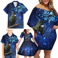 New Zealand Tui Bird Matariki Family Matching Off Shoulder Short Dress and Hawaiian Shirt Maori New Year with Galaxy Fern LT03 - Polynesian Pride
