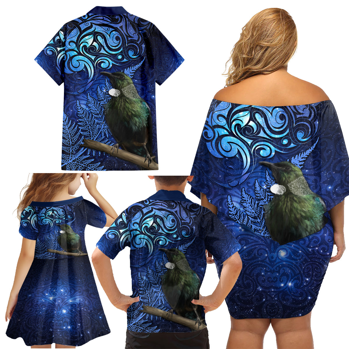 New Zealand Tui Bird Matariki Family Matching Off Shoulder Short Dress and Hawaiian Shirt Maori New Year with Galaxy Fern LT03 - Polynesian Pride