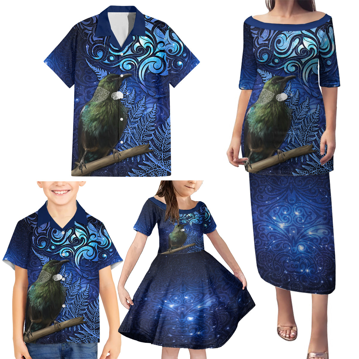 New Zealand Tui Bird Matariki Family Matching Puletasi and Hawaiian Shirt Maori New Year with Galaxy Fern LT03 - Polynesian Pride