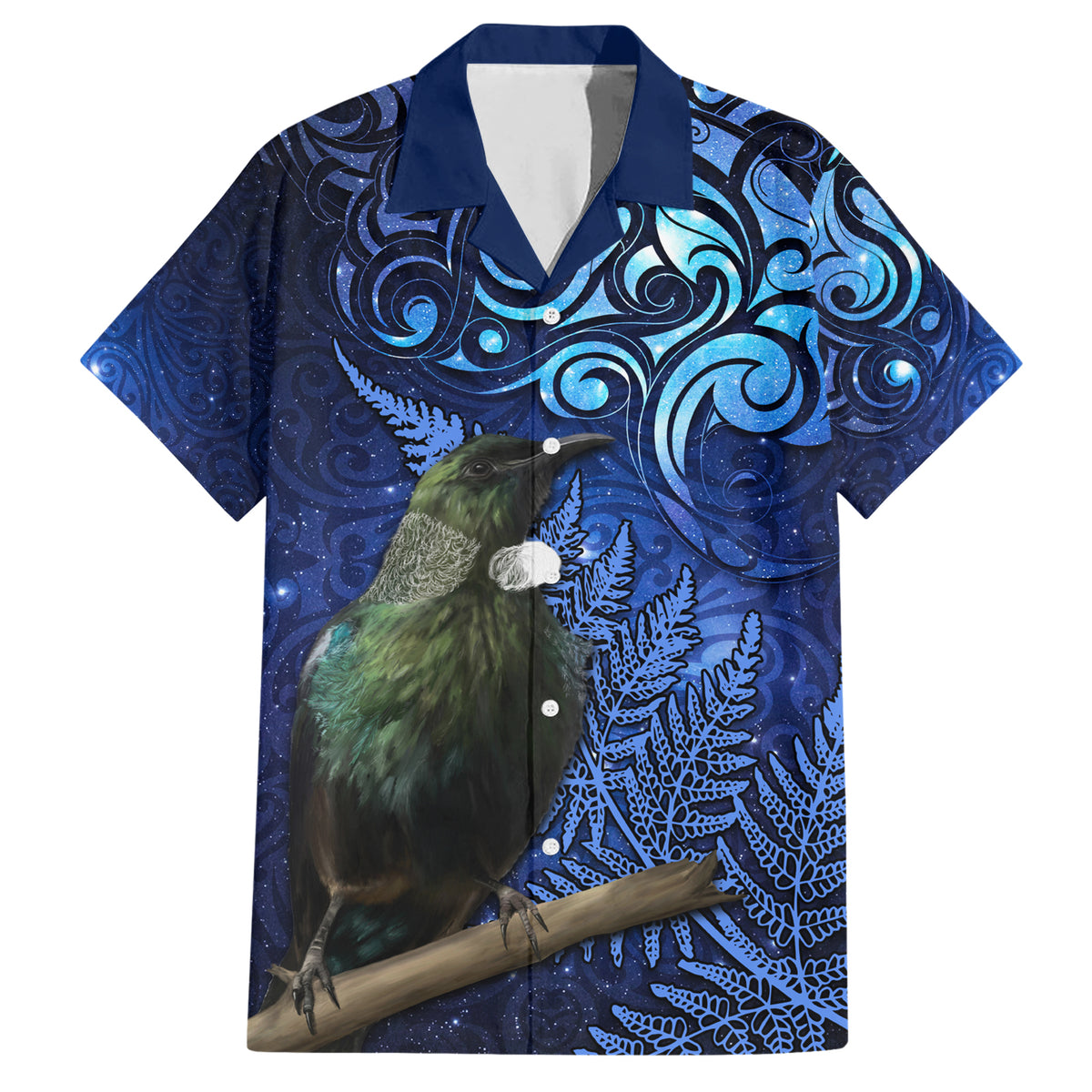 New Zealand Tui Bird Matariki Family Matching Short Sleeve Bodycon Dress and Hawaiian Shirt Maori New Year with Galaxy Fern LT03 Dad's Shirt - Short Sleeve Blue - Polynesian Pride