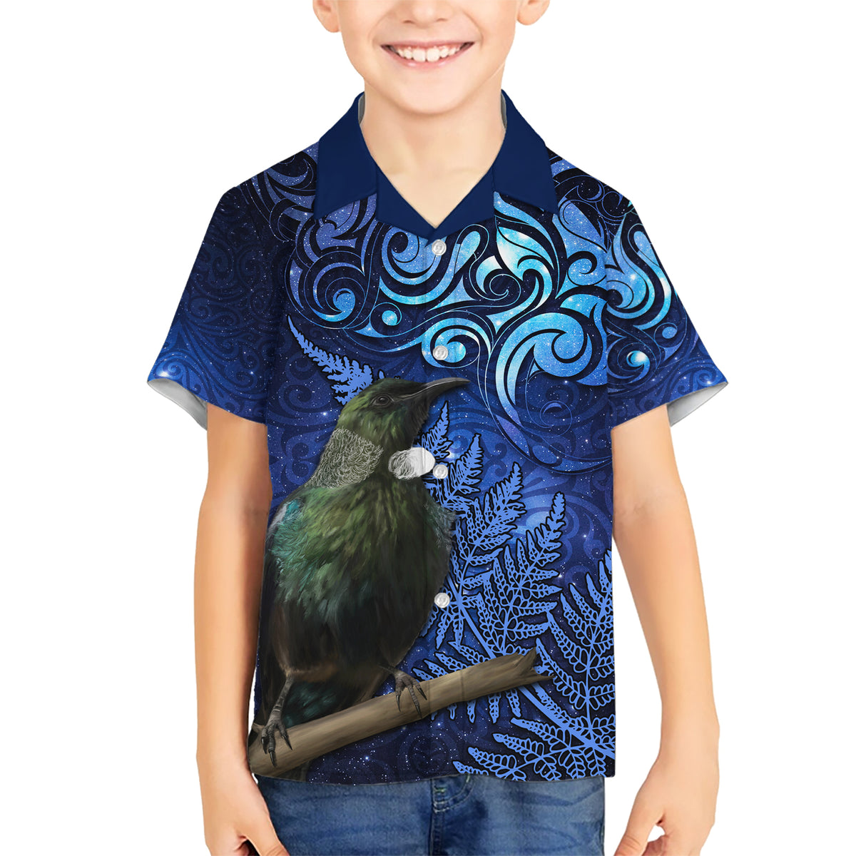 New Zealand Tui Bird Matariki Family Matching Short Sleeve Bodycon Dress and Hawaiian Shirt Maori New Year with Galaxy Fern LT03 Son's Shirt Blue - Polynesian Pride