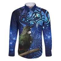New Zealand Tui Bird Matariki Family Matching Summer Maxi Dress and Hawaiian Shirt Maori New Year with Galaxy Fern LT03 Dad's Shirt - Long Sleeve Blue - Polynesian Pride