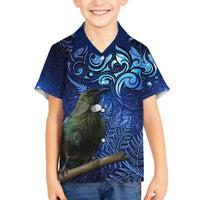 New Zealand Tui Bird Matariki Family Matching Tank Maxi Dress and Hawaiian Shirt Maori New Year with Galaxy Fern LT03 Son's Shirt Blue - Polynesian Pride