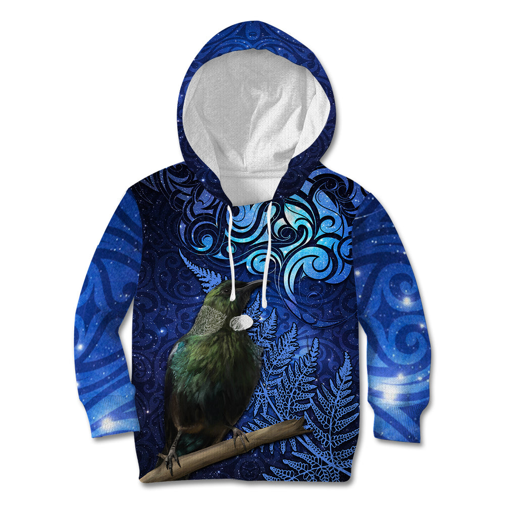 New Zealand Tui Bird Matariki Kid Hoodie Maori New Year with Galaxy Fern LT03 Hoodie Blue - Polynesian Pride