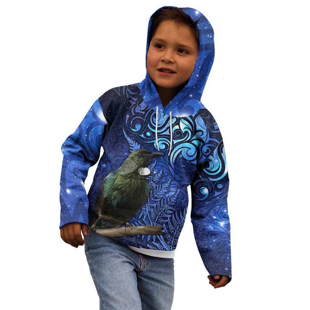 New Zealand Tui Bird Matariki Kid Hoodie Maori New Year with Galaxy Fern LT03 - Polynesian Pride