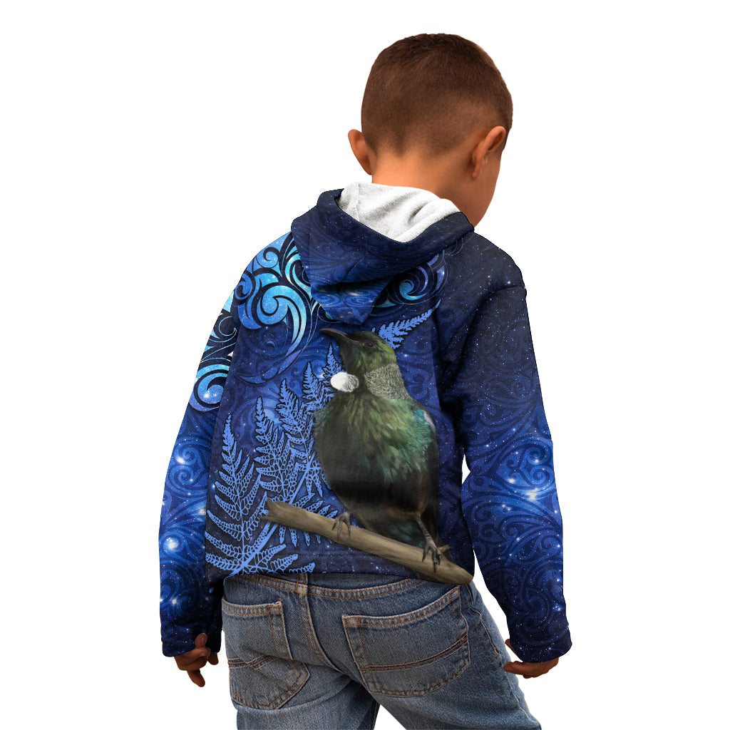 New Zealand Tui Bird Matariki Kid Hoodie Maori New Year with Galaxy Fern LT03 - Polynesian Pride