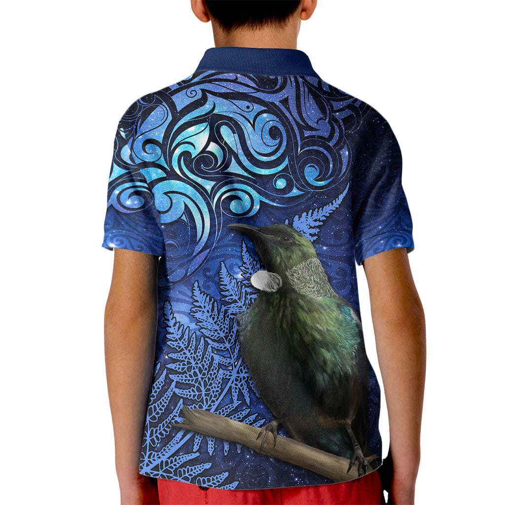 New Zealand Tui Bird Matariki Kid Polo Shirt Maori New Year with Galaxy Fern