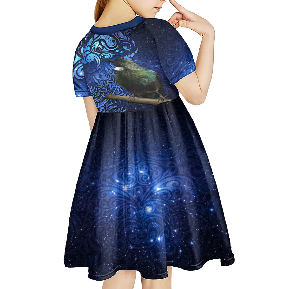 New Zealand Tui Bird Matariki Kid Short Sleeve Dress Maori New Year with Galaxy Fern LT03 - Polynesian Pride