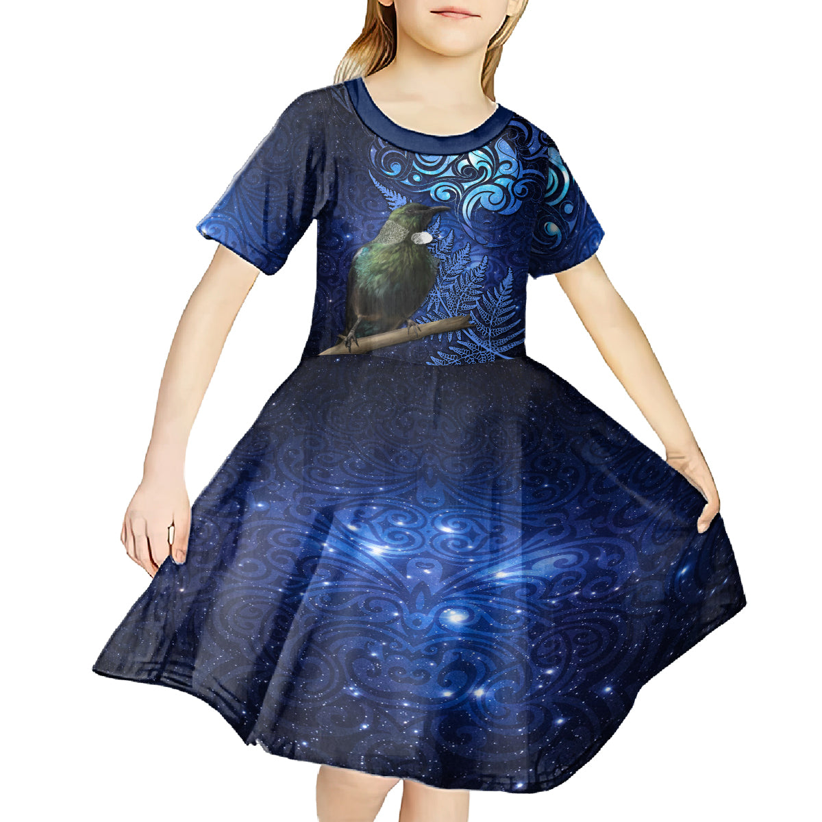 New Zealand Tui Bird Matariki Kid Short Sleeve Dress Maori New Year with Galaxy Fern LT03 - Polynesian Pride