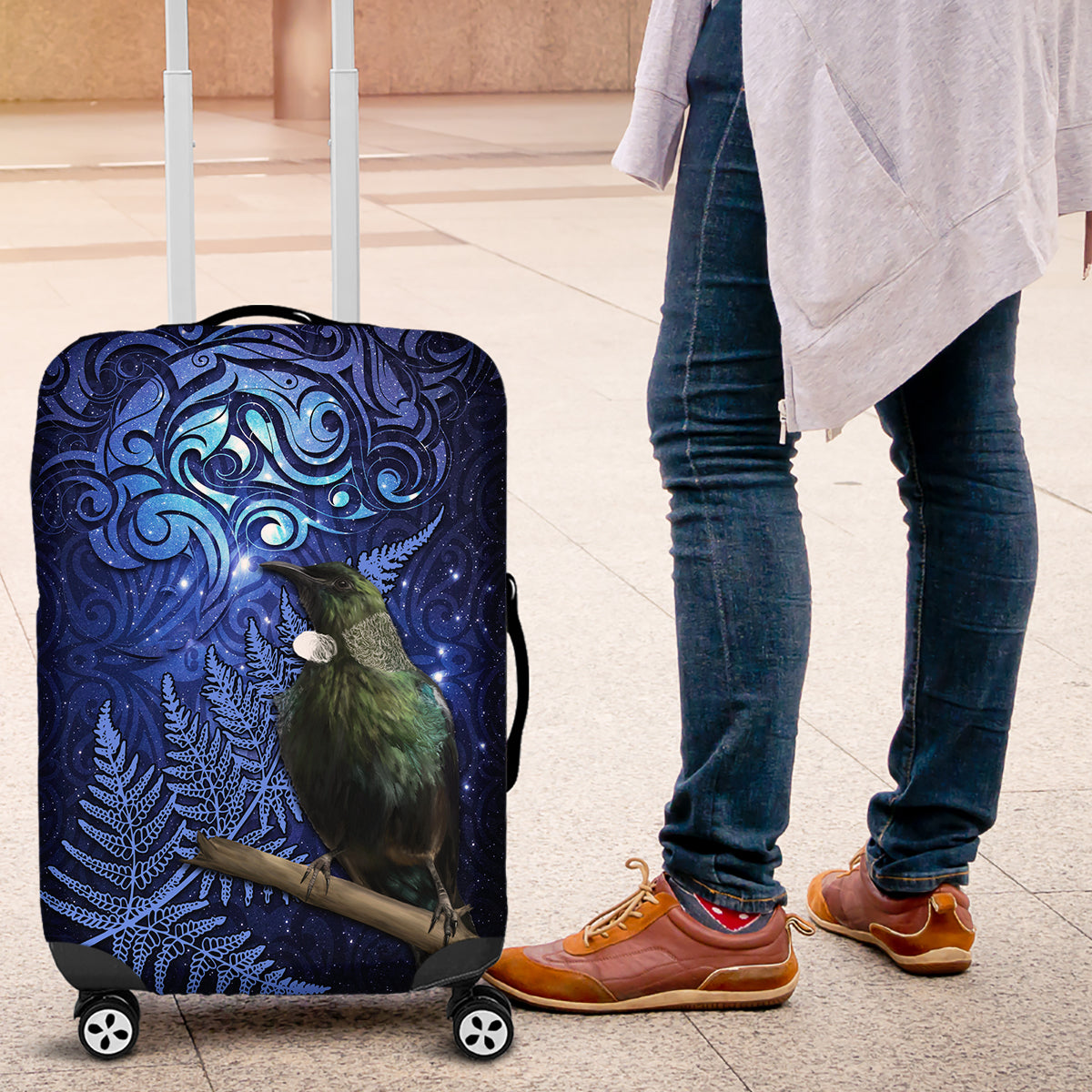 New Zealand Tui Bird Matariki Luggage Cover Maori New Year with Galaxy Fern LT03 Blue - Polynesian Pride