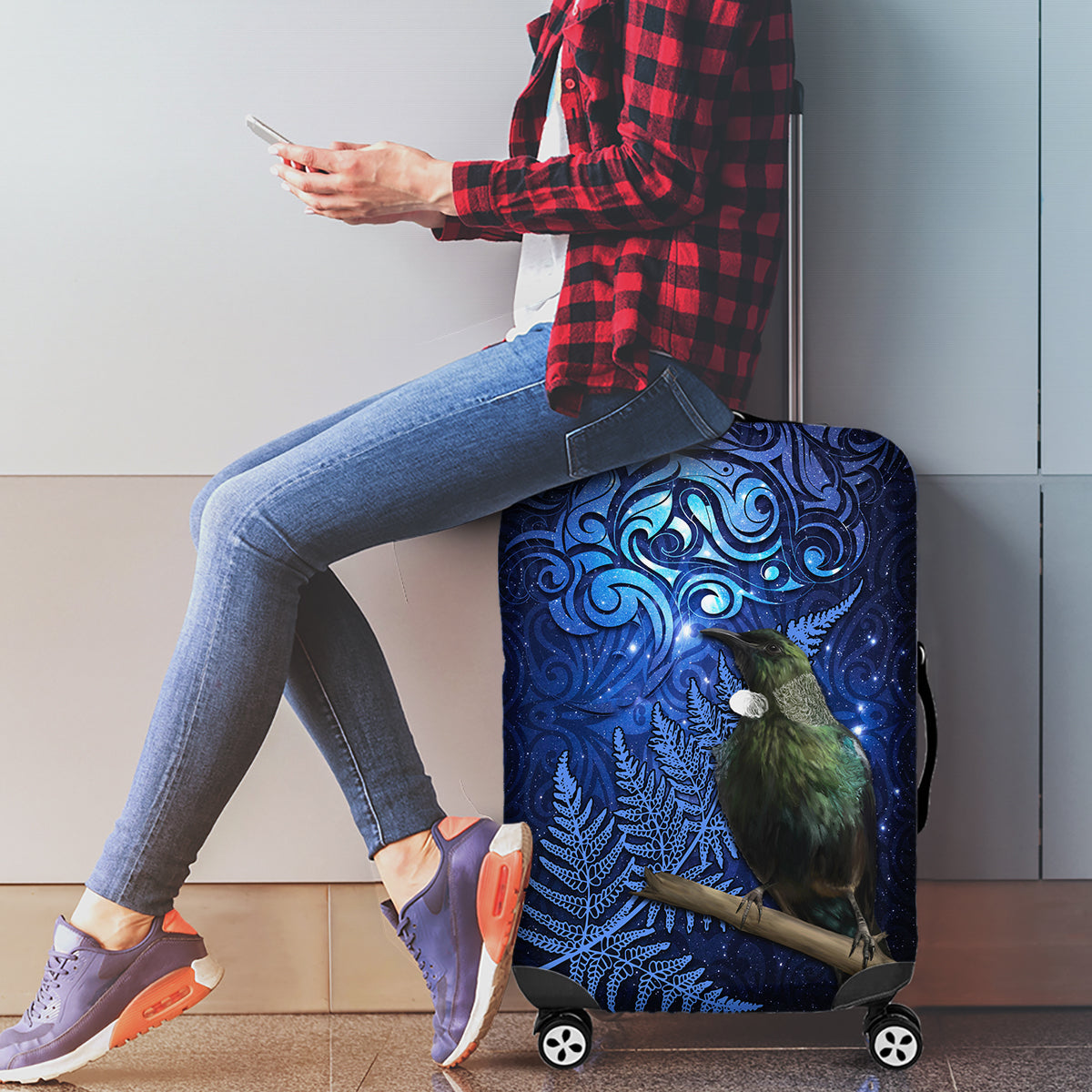 New Zealand Tui Bird Matariki Luggage Cover Maori New Year with Galaxy Fern LT03 - Polynesian Pride