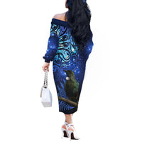 New Zealand Tui Bird Matariki Off The Shoulder Long Sleeve Dress Maori New Year with Galaxy Fern LT03 - Polynesian Pride