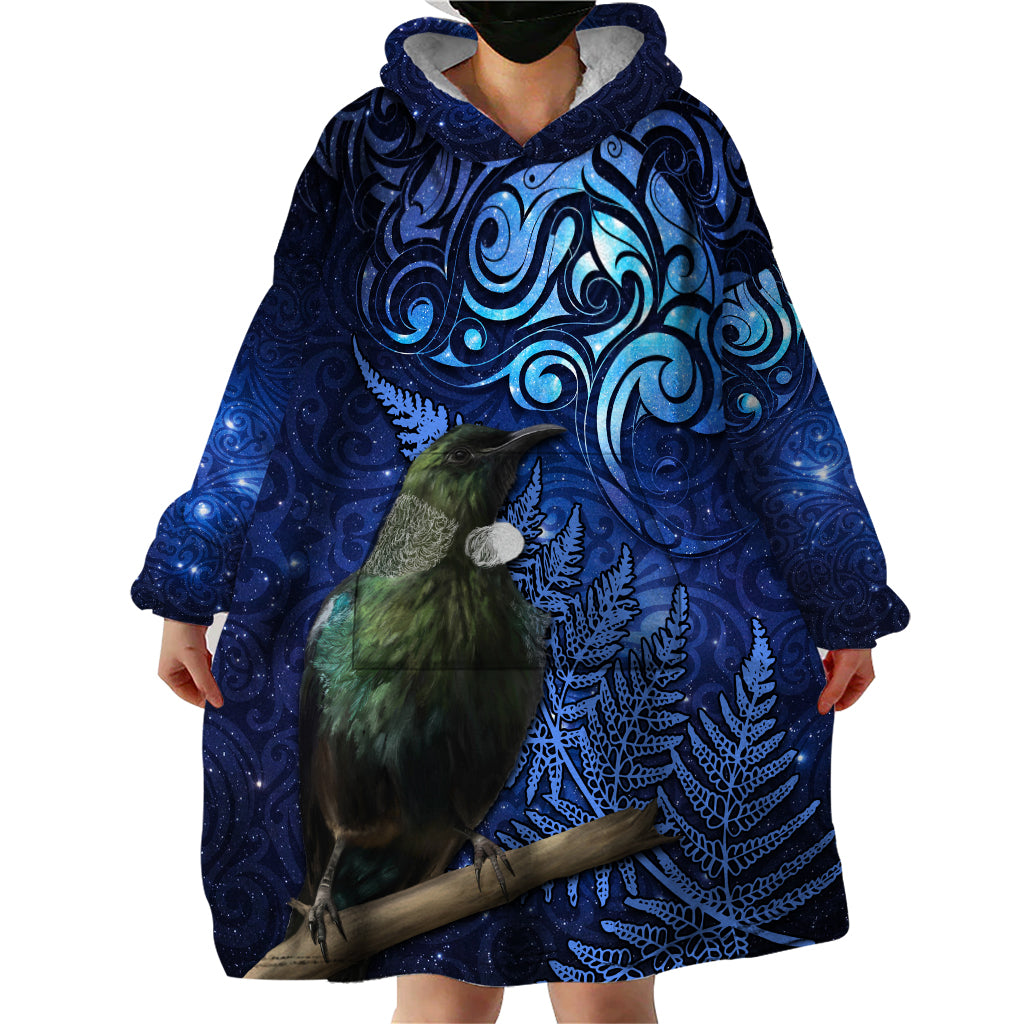 New Zealand Tui Bird Matariki Wearable Blanket Hoodie Maori New Year with Galaxy Fern LT03 - Polynesian Pride