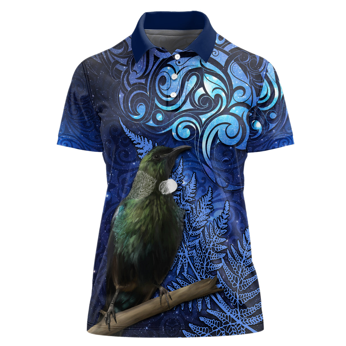 New Zealand Tui Bird Matariki Women Polo Shirt Maori New Year with Galaxy Fern LT03 Female Blue - Polynesian Pride