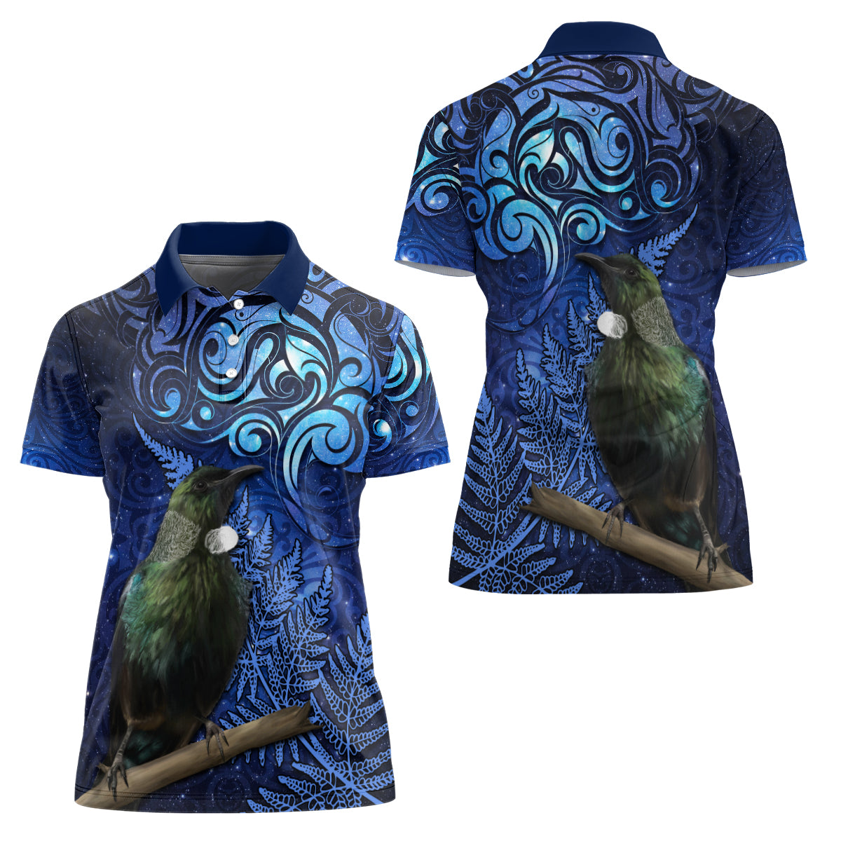 New Zealand Tui Bird Matariki Women Polo Shirt Maori New Year with Galaxy Fern LT03 - Polynesian Pride