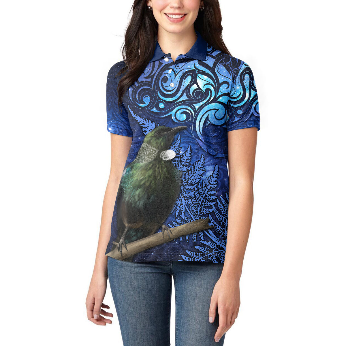 New Zealand Tui Bird Matariki Women Polo Shirt Maori New Year with Galaxy Fern LT03 - Polynesian Pride