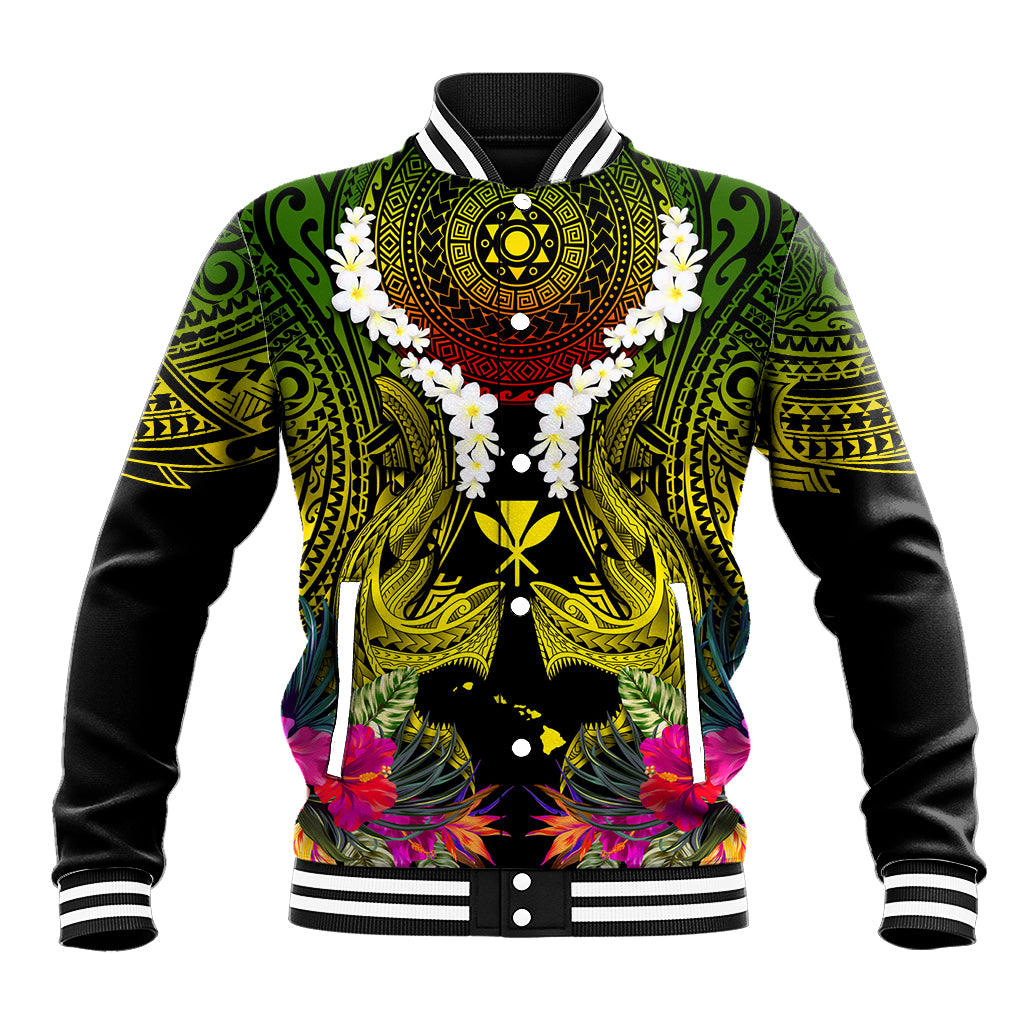 Hawaii Kanaka Maoli Baseball Jacket Double Shark and Hibiscus Flowers
