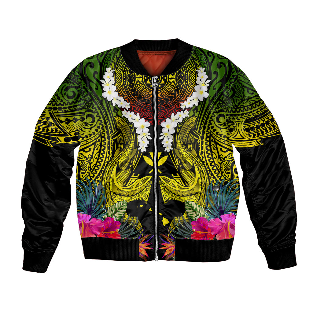 Hawaii Kanaka Maoli Bomber Jacket Double Shark and Hibiscus Flowers