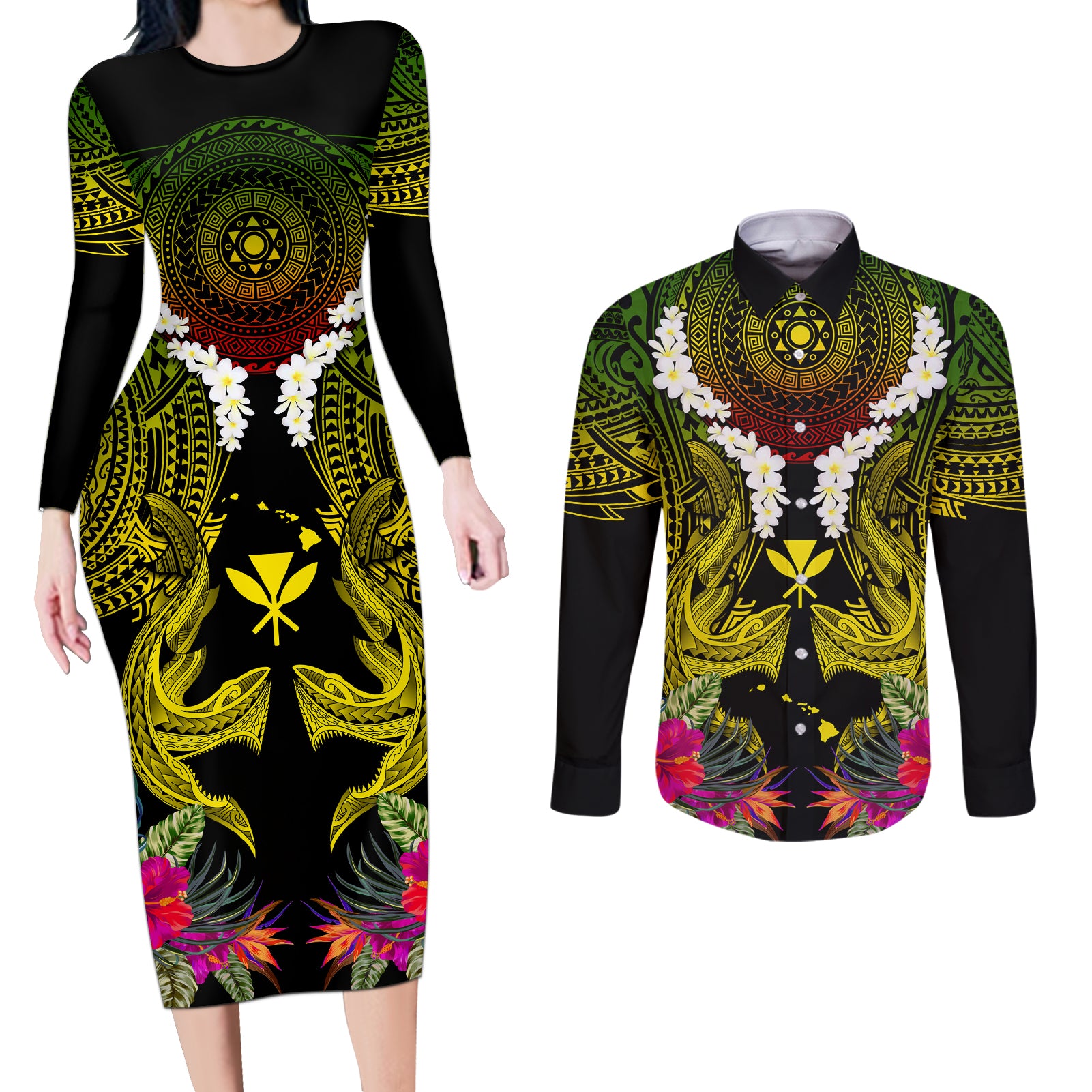 Hawaii Kanaka Maoli Couples Matching Long Sleeve Bodycon Dress and Long Sleeve Button Shirt Double Shark and Hibiscus Flowers