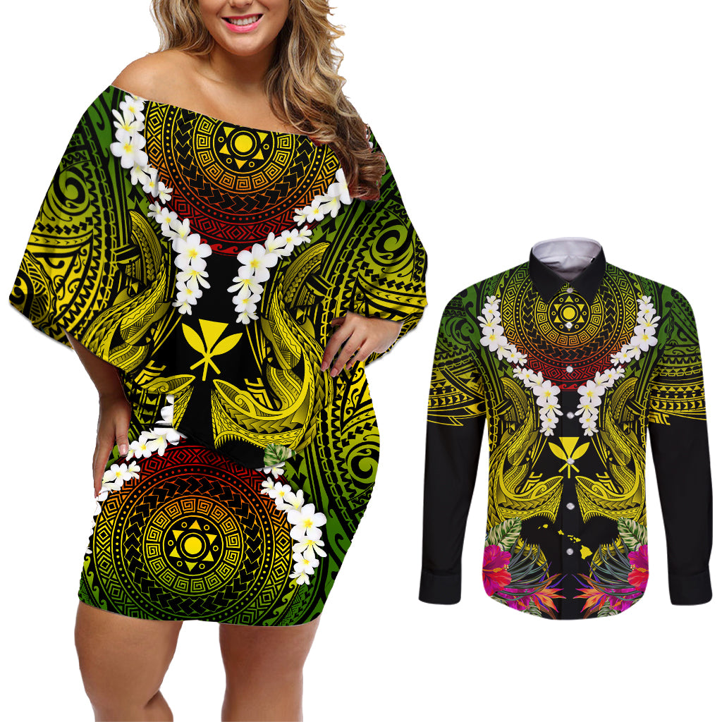 Hawaii Kanaka Maoli Couples Matching Off Shoulder Short Dress and Long Sleeve Button Shirt Double Shark and Hibiscus Flowers