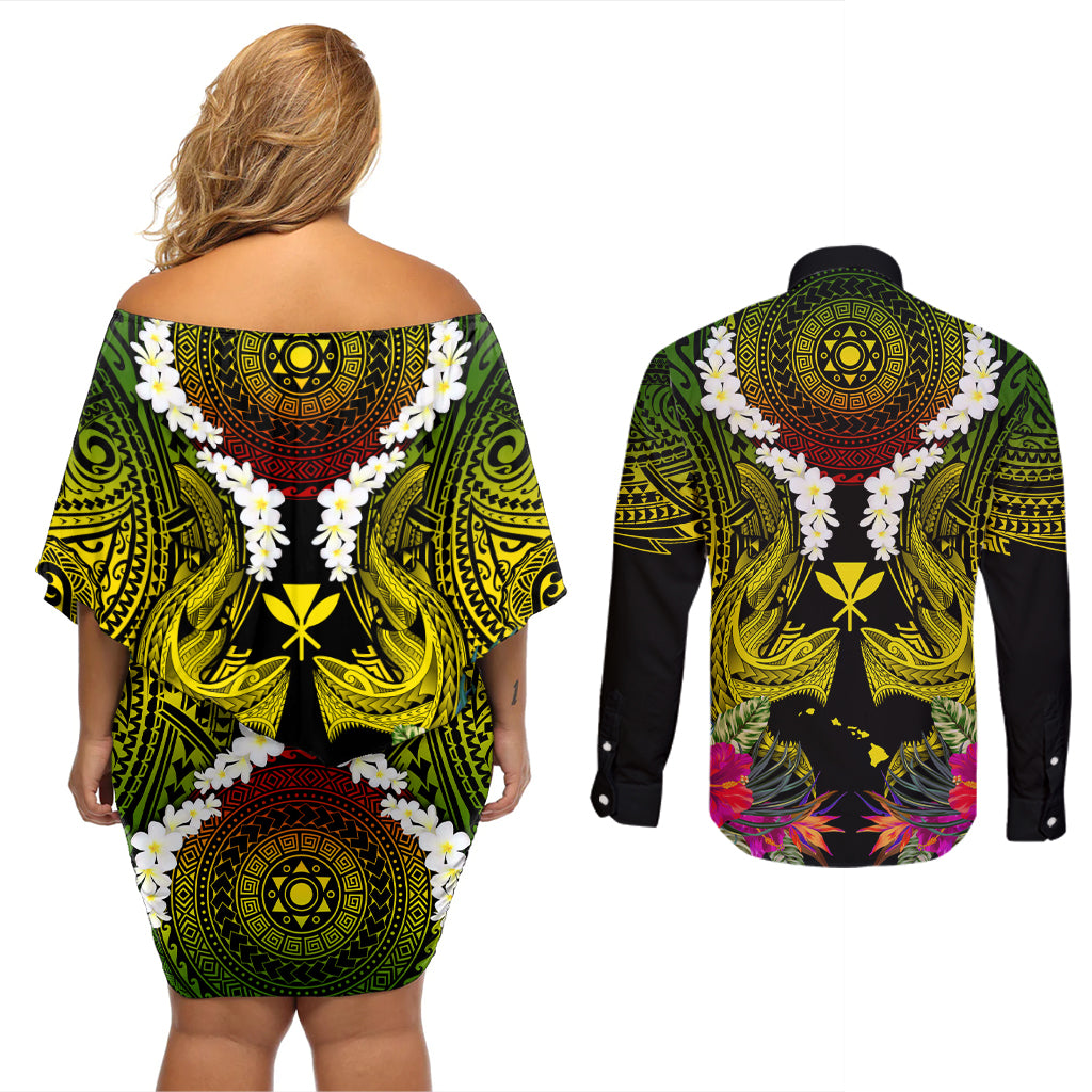 Hawaii Kanaka Maoli Couples Matching Off Shoulder Short Dress and Long Sleeve Button Shirt Double Shark and Hibiscus Flowers