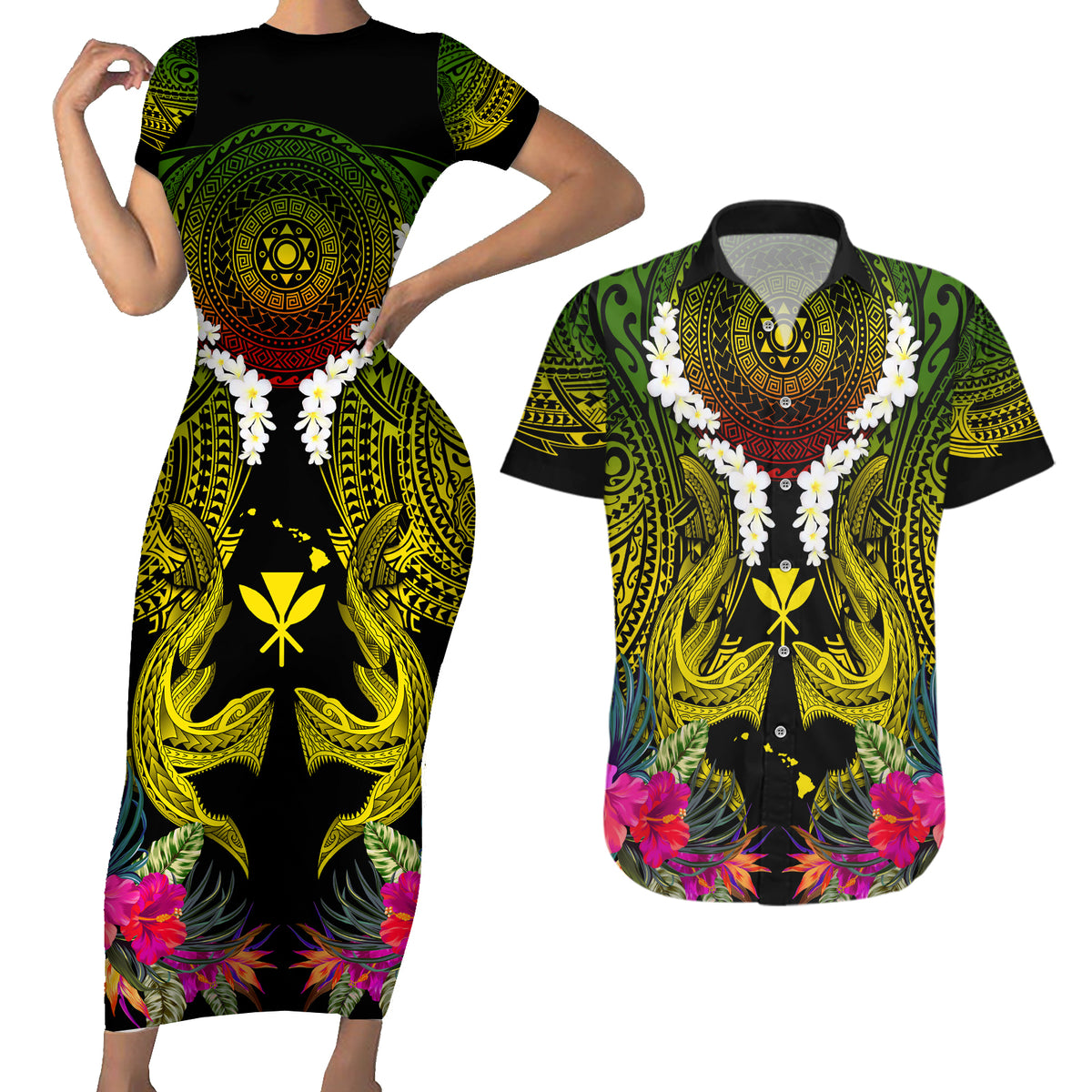 Hawaii Kanaka Maoli Couples Matching Short Sleeve Bodycon Dress and Hawaiian Shirt Double Shark and Hibiscus Flowers LT03 Black - Polynesian Pride