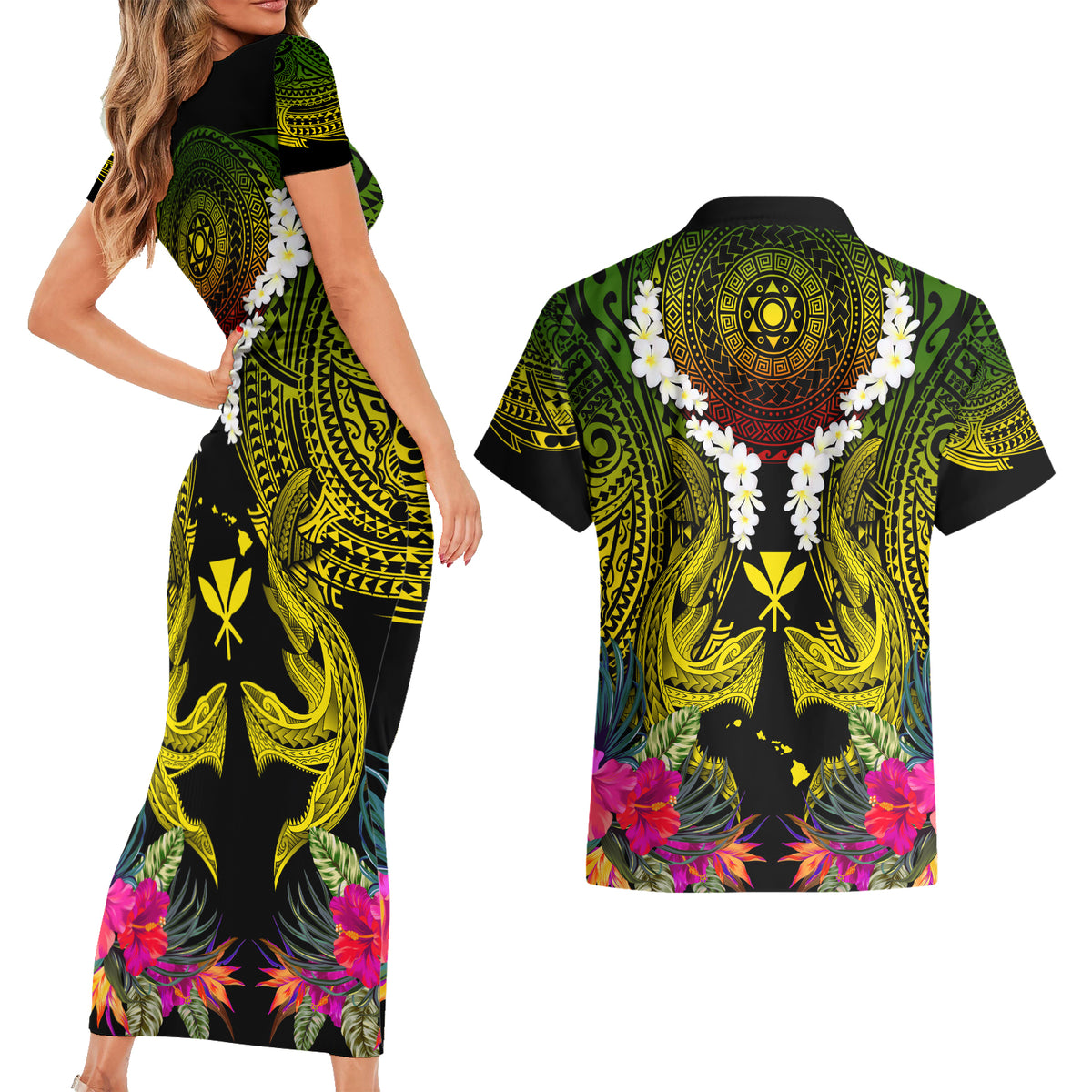 Hawaii Kanaka Maoli Couples Matching Short Sleeve Bodycon Dress and Hawaiian Shirt Double Shark and Hibiscus Flowers LT03 - Polynesian Pride
