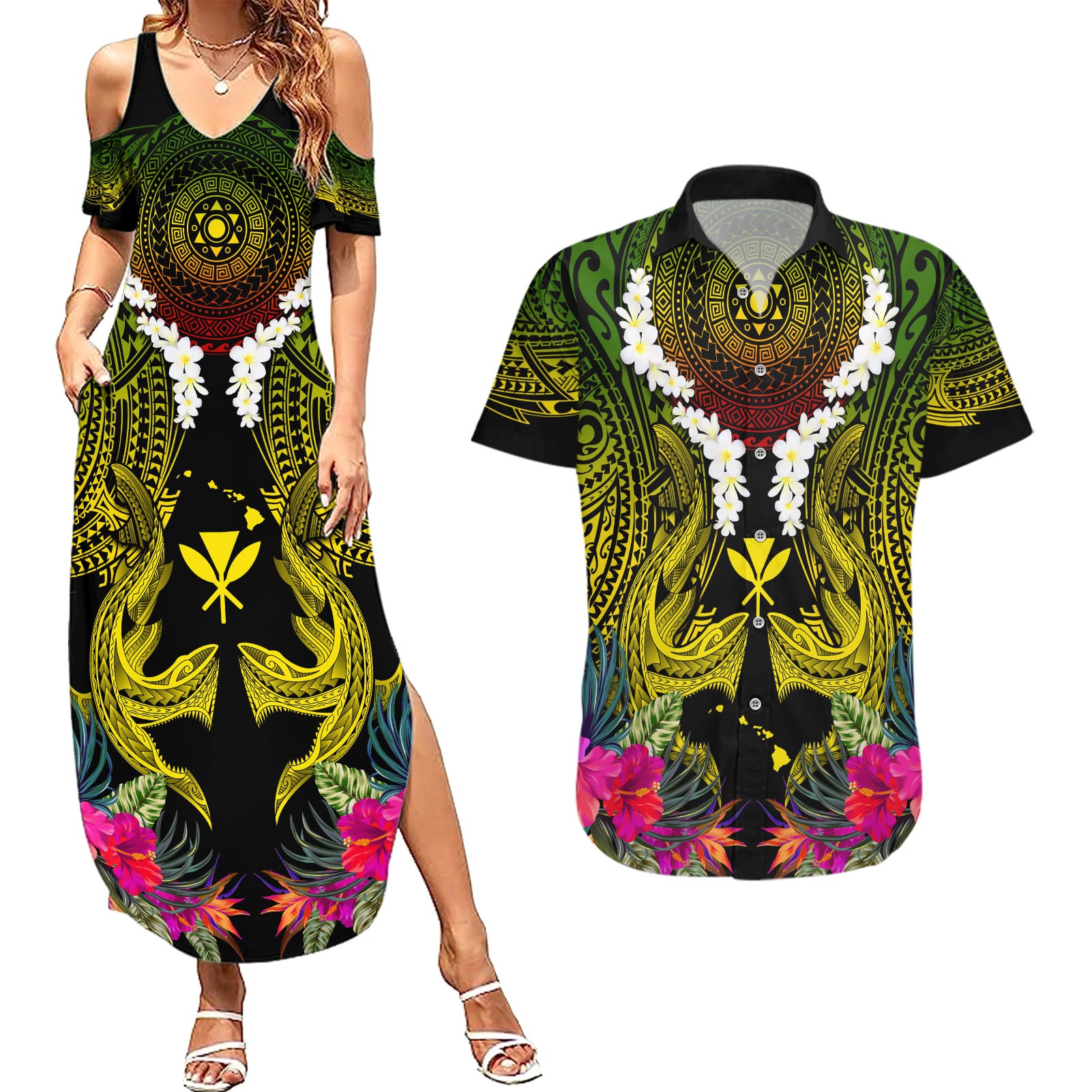 Hawaii Kanaka Maoli Couples Matching Summer Maxi Dress and Hawaiian Shirt Double Shark and Hibiscus Flowers