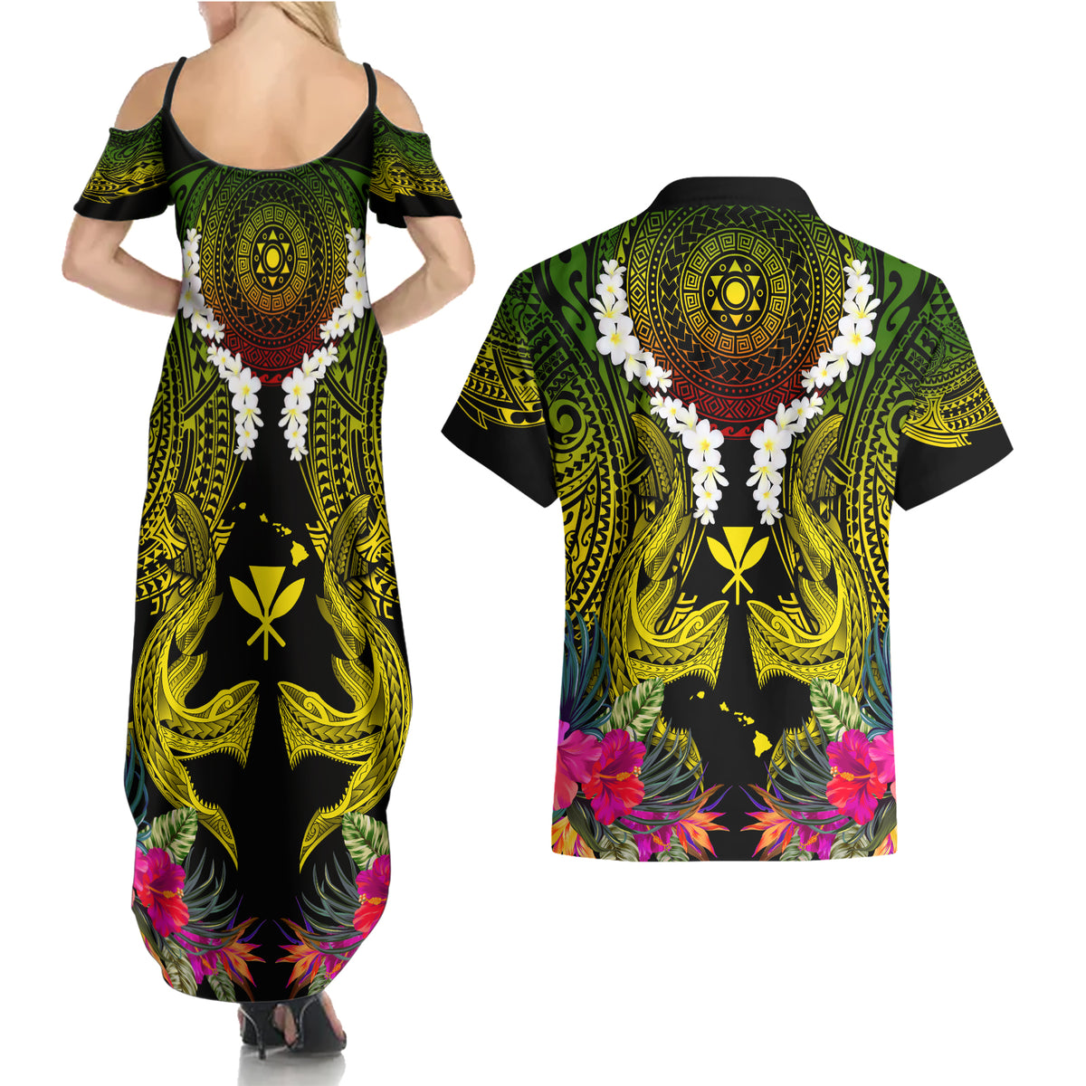 Hawaii Kanaka Maoli Couples Matching Summer Maxi Dress and Hawaiian Shirt Double Shark and Hibiscus Flowers