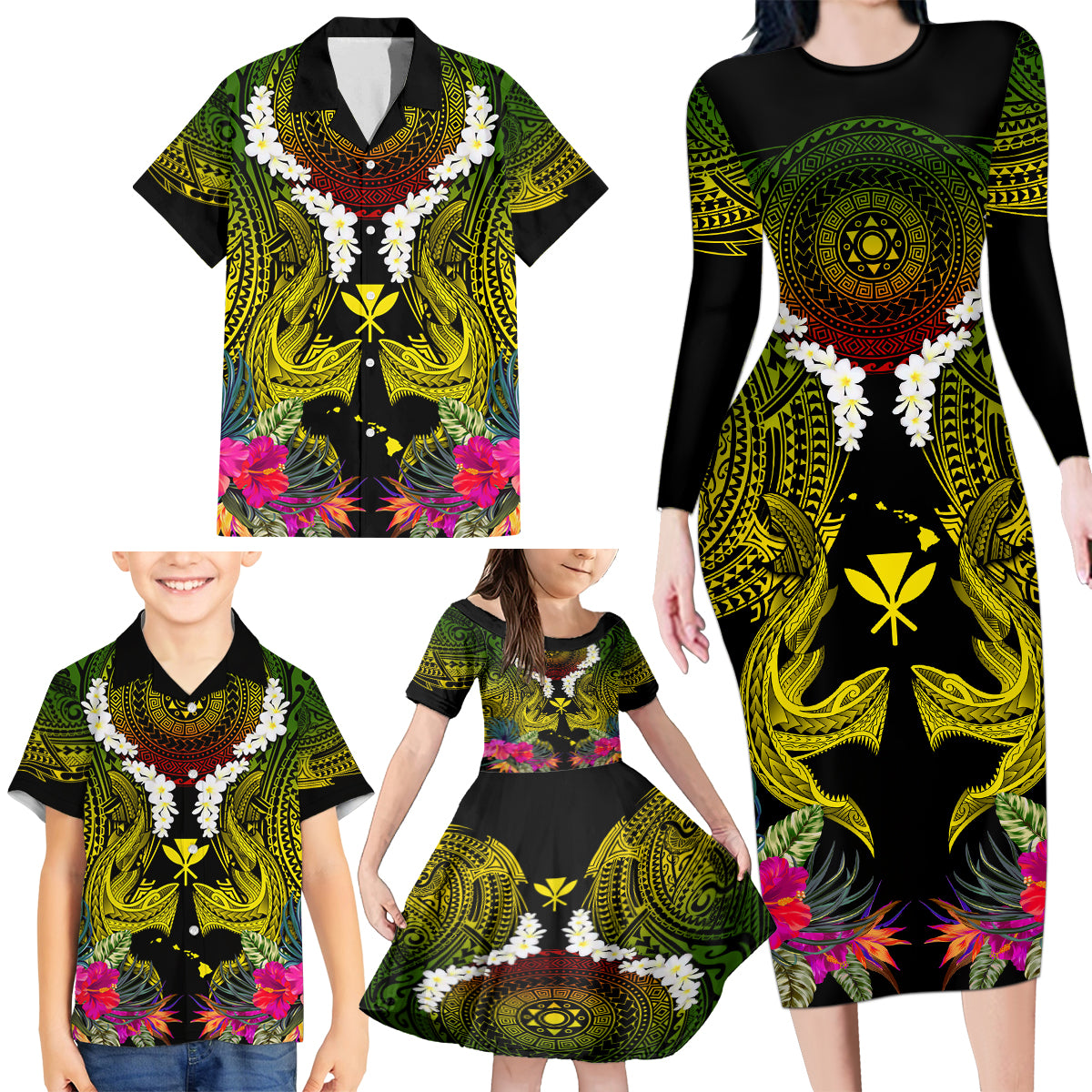 Hawaii Kanaka Maoli Family Matching Long Sleeve Bodycon Dress and Hawaiian Shirt Double Shark and Hibiscus Flowers LT03 - Polynesian Pride