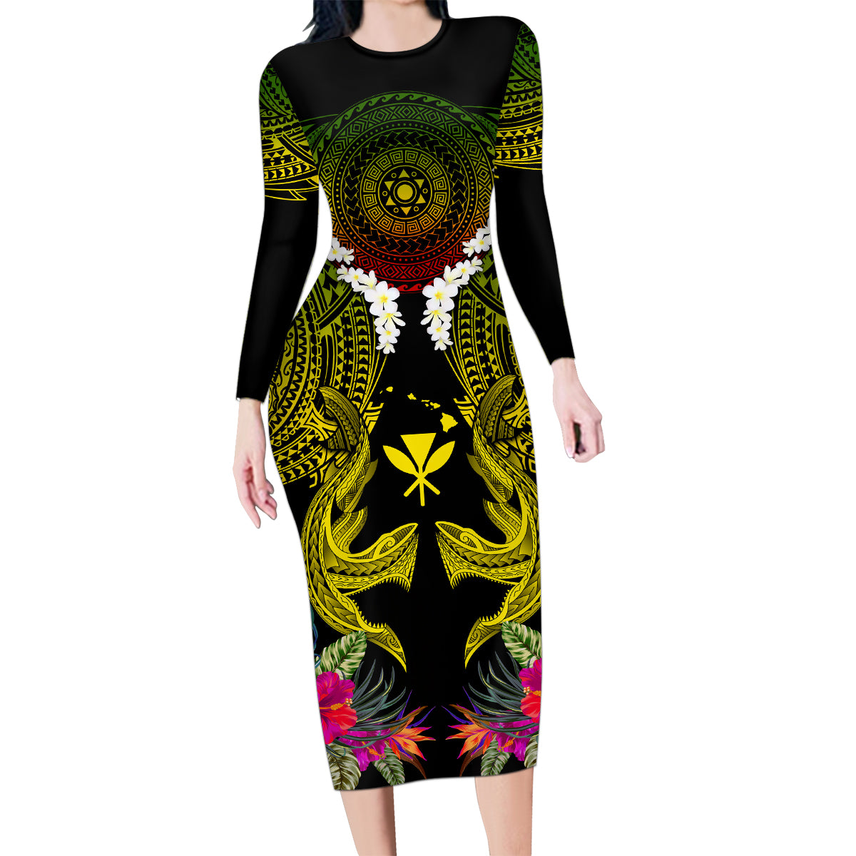Hawaii Kanaka Maoli Family Matching Long Sleeve Bodycon Dress and Hawaiian Shirt Double Shark and Hibiscus Flowers LT03 Mom's Dress Black - Polynesian Pride