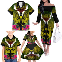 Hawaii Kanaka Maoli Family Matching Off The Shoulder Long Sleeve Dress and Hawaiian Shirt Double Shark and Hibiscus Flowers LT03 - Polynesian Pride