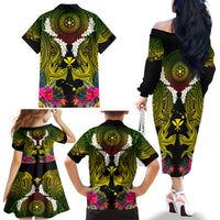 Hawaii Kanaka Maoli Family Matching Off The Shoulder Long Sleeve Dress and Hawaiian Shirt Double Shark and Hibiscus Flowers LT03 - Polynesian Pride
