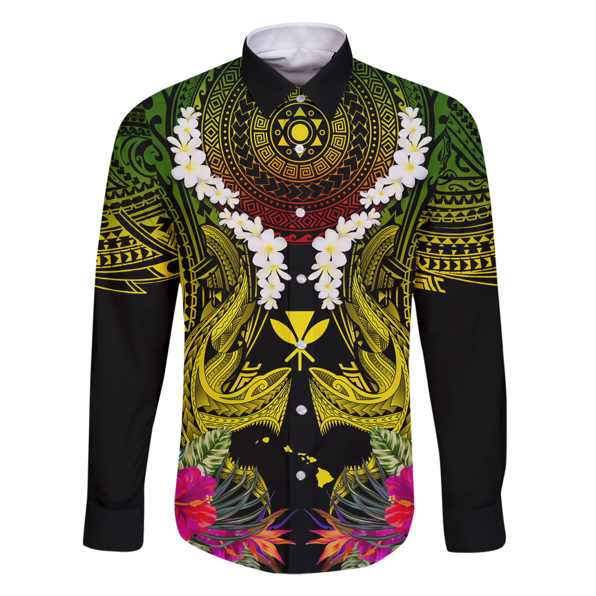 Hawaii Kanaka Maoli Family Matching Off The Shoulder Long Sleeve Dress and Hawaiian Shirt Double Shark and Hibiscus Flowers LT03 Dad's Shirt - Long Sleeve Black - Polynesian Pride