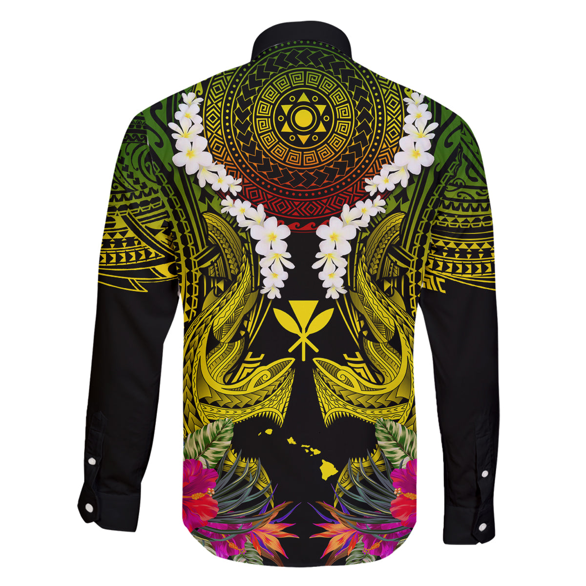 Hawaii Kanaka Maoli Family Matching Off The Shoulder Long Sleeve Dress and Hawaiian Shirt Double Shark and Hibiscus Flowers LT03 - Polynesian Pride