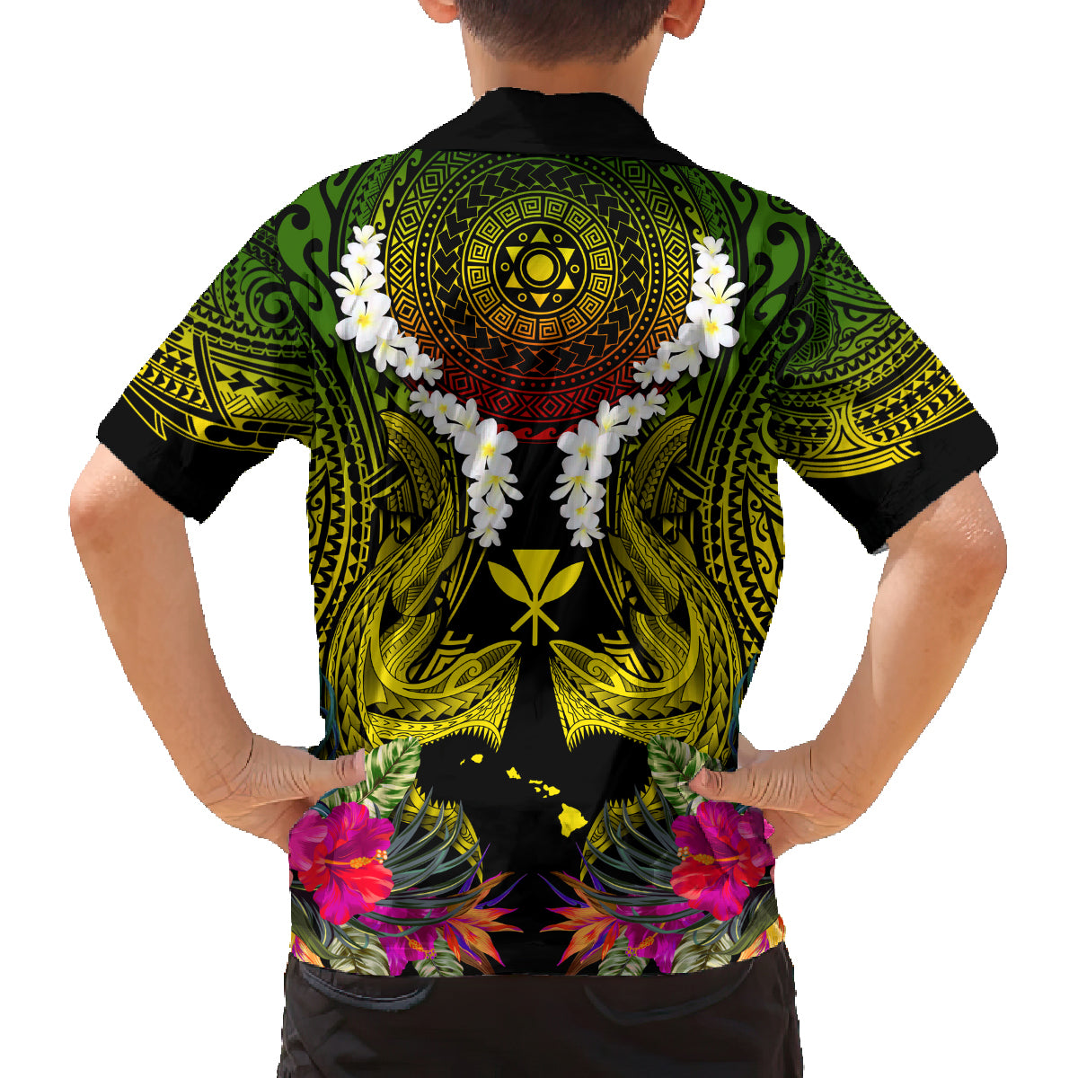 Hawaii Kanaka Maoli Family Matching Off Shoulder Short Dress and Hawaiian Shirt Double Shark and Hibiscus Flowers LT03 - Polynesian Pride