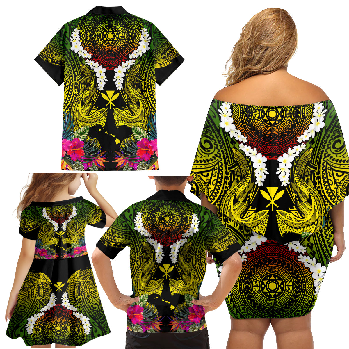 Hawaii Kanaka Maoli Family Matching Off Shoulder Short Dress and Hawaiian Shirt Double Shark and Hibiscus Flowers LT03 - Polynesian Pride