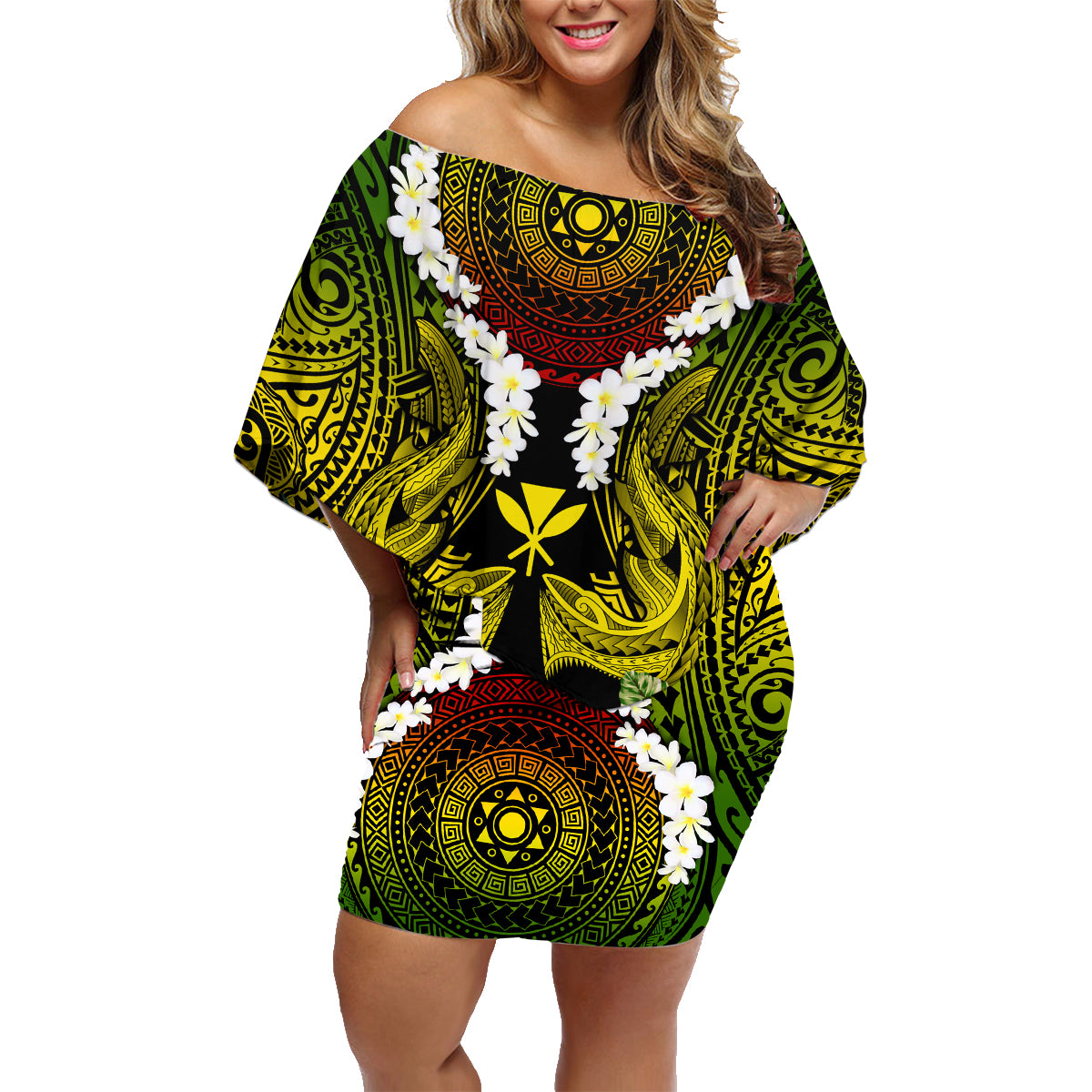 Hawaii Kanaka Maoli Family Matching Off Shoulder Short Dress and Hawaiian Shirt Double Shark and Hibiscus Flowers LT03 Mom's Dress Black - Polynesian Pride