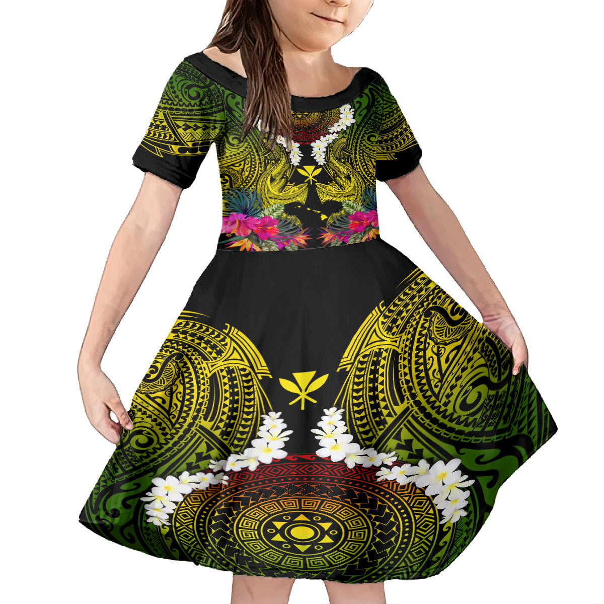 Hawaii Kanaka Maoli Family Matching Puletasi and Hawaiian Shirt Double Shark and Hibiscus Flowers LT03 Daughter's Dress Black - Polynesian Pride