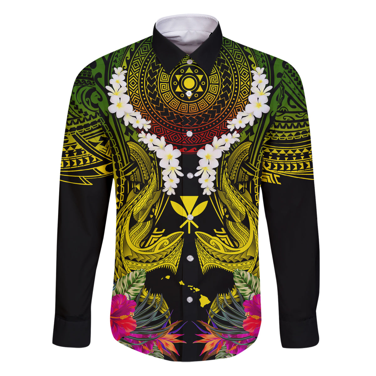 Hawaii Kanaka Maoli Family Matching Puletasi and Hawaiian Shirt Double Shark and Hibiscus Flowers LT03 Dad's Shirt - Long Sleeve Black - Polynesian Pride